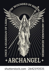 A powerful vector illustration of an archangel with outstretched wings holding a spear, surrounded by radiating light and solemn text