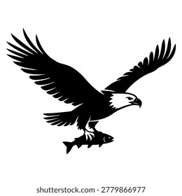 A powerful vector illustration of a bald eagle in mid-flight, carrying a fish in its talons. This high-contrast silhouette represents nature's predator-prey dynamic, strength, and survival. Ideal for wildlife conservation projects, outdoor adventure branding, and patriotic designs.