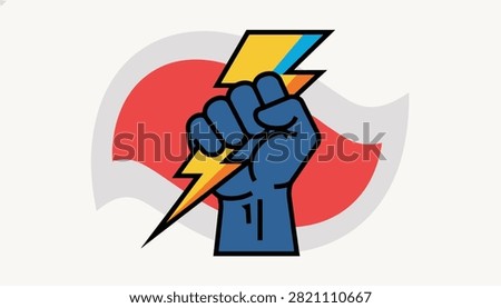 Powerful vector illustration of a blue fist holding a yellow lightning bolt, representing strength, power, and authority.