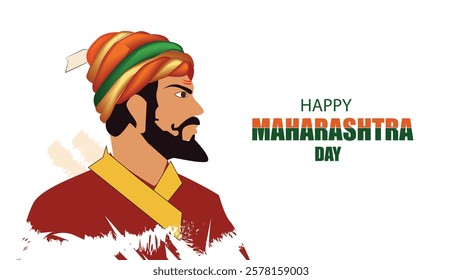 A powerful vector illustration celebrating Maharashtra Day. The artwork reflects the pride and valor of Maharashtra’s history, complemented by a bold "Happy Maharashtra Day" text in tricolor.