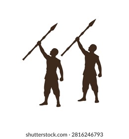 A powerful vector illustration depicting two silhouetted figures holding spears aloft, symbolizing strength and cultural pride for independence day indonesia.
