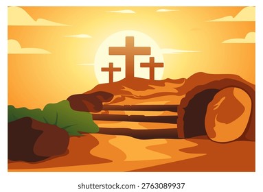 A powerful vector illustration of the empty tomb of Jesus Christ with the stone rolled away, revealing a bright light inside. In the background, three crosses stand atop Mount Calvary against a warm, golden sunrise or sunset sky. Perfect for Easter Sunday, Good Friday, and Christian religious themes of hope, salvation, and resurrection.