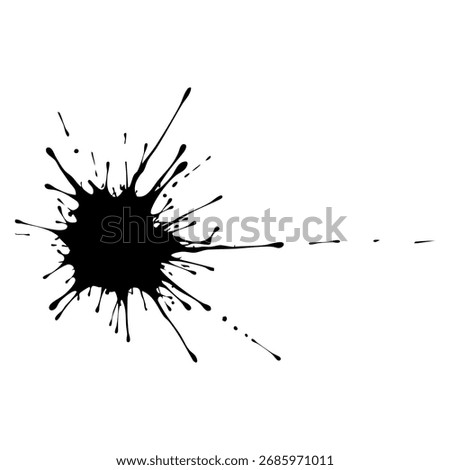 powerful vector illustration of an explosive black ink splatter, featuring a central blot and radiating drips. Ideal for adding an intense, grunge, or artistic dynamic to backgrounds, text overlays 
