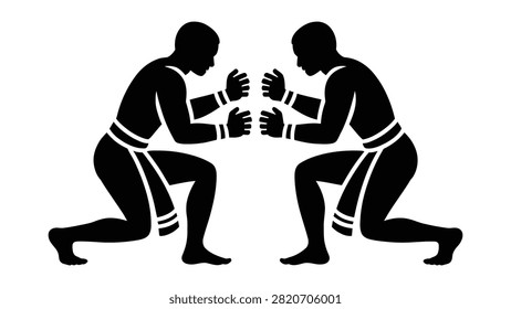  powerful vector illustration features two robust male figures depicted in traditional African wrestling stances rendered as striking black silhouettes on a clean white background highlighting their immense strength and cultural significance Thi.