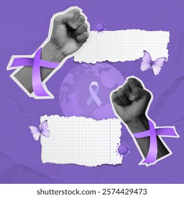 A powerful vector illustration featuring raised fists with purple ribbons, symbolizing strength and solidarity for World Cancer Day on February 4th.