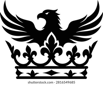 A powerful vector illustration of a fierce eagle with spread wings resting atop a detailed crown. This design is ideal for nationalistic branding military logos or official seals.