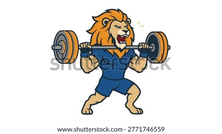 Powerful vector illustration of a fierce lion mascot roaring while lifting a heavy barbell, symbolizing strength, fitness, and determination. Ideal fo