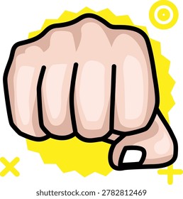 A powerful vector illustration of a fist seen from the front, as if punching towards the viewer. This stylized cartoon graphic features bold black outlines and a starburst-style yellow background. Ideal for action-oriented content, strength symbols, or sports-related graphics.