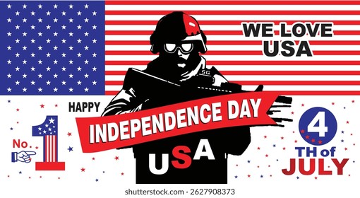 Powerful vector illustration for Happy Independence Day USA, featuring a patriotic American soldier, USA flag, and bold celebration text for the 4th of July. This military-themed design is perfect for