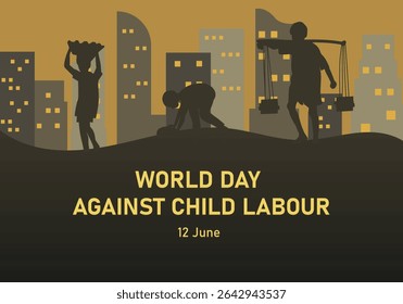 A powerful Vector illustration highlighting World Day Against Child Labour with silhouetted figures portraying the struggle against child labor.