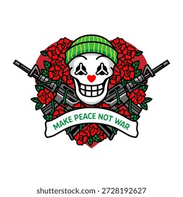 Poderosa ilustração vetorial de um crânio jolly roger com arma e rosa, combinado com a mensagem "Make Peace Not War". Um forte contraste entre violência e paz, indicado para designs de ativistas, cartazes e camisetas.