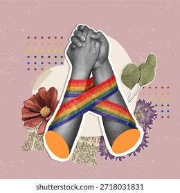 A powerful vector illustration symbolizing pride and unity with hands wrapped in a rainbow ribbon, surrounded by flowers and colors.