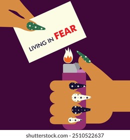 A powerful vector illustration of a woman's hand with beautifully polished nails holding a lighter and burning a piece of paper that says 'living in fear.' This symbolic artwork represents overcoming 