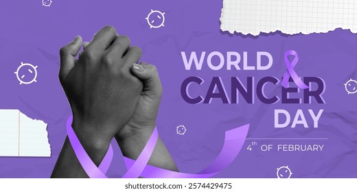 A powerful vector illustration for World Cancer Day featuring clasped hands and a purple ribbon, symbolizing hope and support for cancer awareness on February 4th.