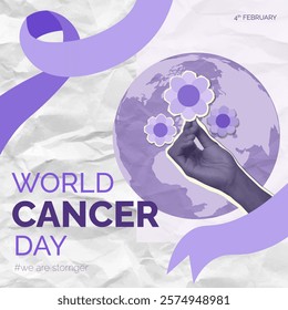 A powerful vector illustration for World Cancer Day, featuring a hand holding flowers against a globe backdrop in a purple theme, symbolizing strength and unity in the fight against cancer.