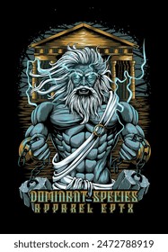 Powerful vector illustration of Zeus, the Greek god of thunder, holding broken chains with electric energy.