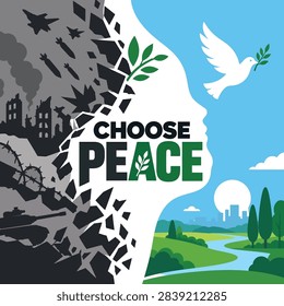 Powerful “Choose Peace” vector poster contrasting a war-torn environment with destroyed buildings, military weapons, smoke and conflict against a peaceful landscape featuring a white dove, olive branch, blue sky, greenery, river and trees. The strong visual contrast symbolizes peace, hope, reconciliation, freedom, humanitarian values and a better future. Ideal for peace campaigns, anti-war awareness, humanitarian organizations, social advocacy, educational projects, editorial posters, community initiatives and inspirational communication.

#ChoosePeace #PeaceAwareness #WorldPeace #PeaceCampaign #AntiWar #Humanity #Harmony #Hope #Freedom #Unity #Humanitarian #PeacePoster #SocialAwareness #PeaceAdvocacy #PeacefulFuture