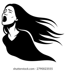 A powerful vector silhouette captures a woman's extreme emotion during strong gust of wind. Ideal for representing anguish or vocal expression in design projects.