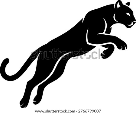 A powerful vector silhouette of a cheetah or cougar caught in mid-air during a dynamic jump. Representing speed, agility, and wild strength, this illustration is perfect for sports logos, wildlife conservation themes, and nature documentaries.