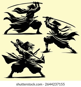 Poderosa silhueta vetorial de um ronin solitário desenhando sua katana em uma postura dinâmica. O design captura a essência dos antigos guerreiros japoneses com postura dramática e roupas fluindo.