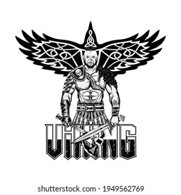Powerful Viking in armor with a sword and an axe against the background of a Raven with open wings. Illustrations of Scandinavian myths for t shirt print. Ancient Celtic hero. Black tattoo.