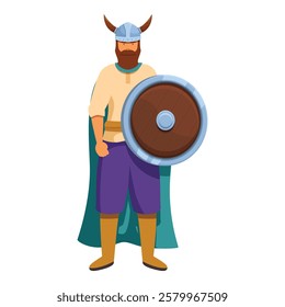 Powerful viking holding wooden shield with metal rivets is standing and protecting