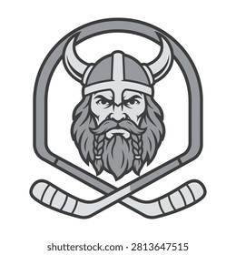 A powerful Viking warrior mascot emblem featuring a bearded Norseman in a horned helmet framed by two crossed ice hockey sticks. Bold monochromatic sports logo icon.