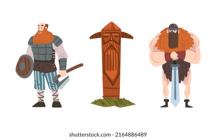 Mächtige, viktierende Krieger mit Schlachtax und Schwert. Skandinavischer Totem-Pol-Cartoon, Vektorgrafik