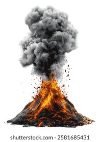 Powerful volcano eruption with glowing lava and thick smoke illustration isolated on white background