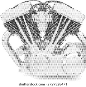 Powerful V-twin motorcycle engine in halftone duotone style for biker and industrial designs