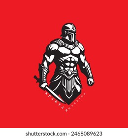 Powerful Warrior in Armor with Sword on Red Background - Symbol of Strength and Readiness for Battle