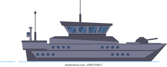 Powerful warship navigating on calm waters, featuring advanced radar technology and a mounted cannon, representing naval defense and maritime security