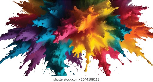 Uma poderosa criação em aquarela de manchas espirradas e traçados arrojados de pincel, oferecendo uma exibição visual abstrata e vibrante. Reunindo cores vivas e brilhantes em uma tela branca e nítida, 