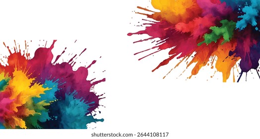 Uma poderosa criação em aquarela de manchas espirradas e traçados arrojados de pincel, oferecendo uma exibição visual abstrata e vibrante. Reunindo cores vivas e brilhantes em uma tela branca e nítida, 