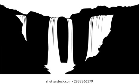 Powerful waterfall flowing over a rugged cliff, creating mist and spray in a natural landscape scene, showcasing the beauty of untouched nature.
