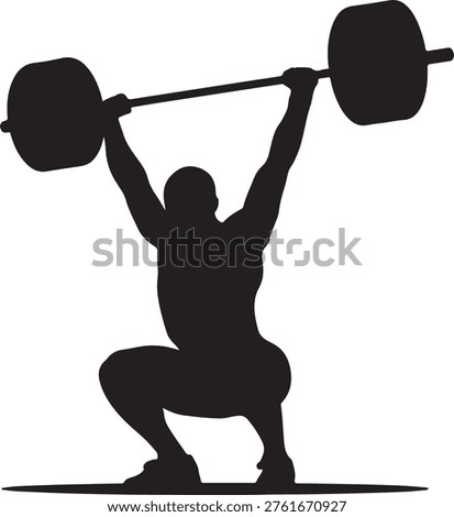 Powerful weightlifter silhouette in action, performing a clean and jerk with heavy barbell. Strength and fitness.