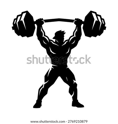 Powerful weightlifter silhouette lifting heavy barbell overhead in a strong dynamic pose with strength training weightlifter silhouette