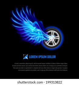 Powerful wheel with blue flaming wings for your design