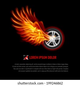 Powerful Wheel With Orange Flaming Wings For Your Design