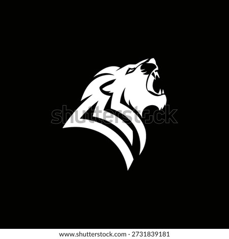 Powerful white lion head silhouette with an open mouth roaring, depicted in a modern, stylized vector graphic against a stark black background, symbolizing strength, courage, and leadership.