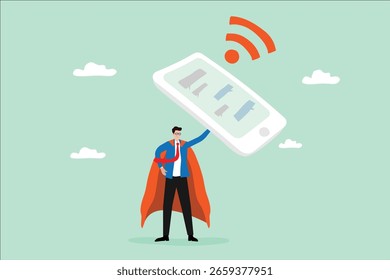 Powerful Wi-Fi Connection from Smartphone Held by Superhero Businessman illustration