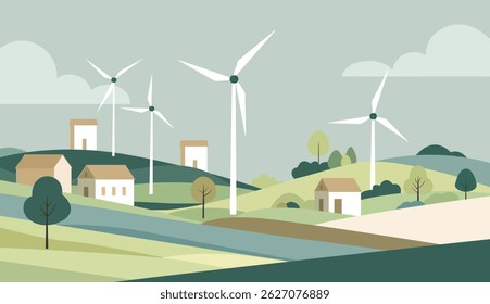 Powerful windmill. Illustration of wind turbines integrated into a rural  landscape. Eco illustration in a flat style 