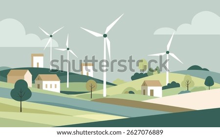 Powerful windmill. Illustration of wind turbines integrated into a rural  landscape. Eco illustration in a flat style 
