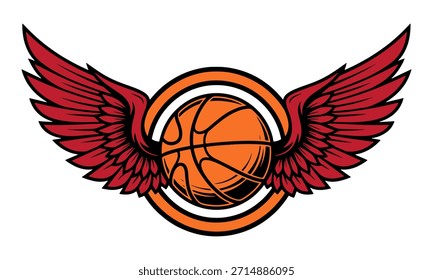 Potente logotipo de baloncesto alado con una pelota voladora dentro de un audaz emblema circular. Perfecto para la marca del equipo de baloncesto, logotipos deportivos, ropa deportiva, estampados de camisetas, ropa de calle