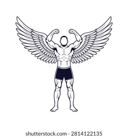 Powerful winged muscular man flexing bicep muscles representing strength and fitness vector illustration isolated