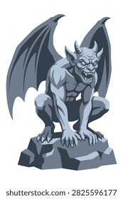 Powerful winged stone monster sculpture, gray granite gargoyle on rock, mystical fantasy creature for spooky architecture.