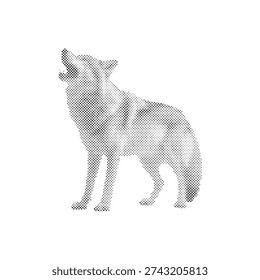 Powerful Wolf Howling Halftone Illustration, Moonlit Night Scene