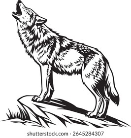 A powerful wolf stands on a rocky ledge, howling at the sky. This black and white vector illustration uses bold lines to capture its wild spirit, making it a classic symbol of freedom.