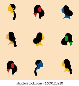 Powerful woman movement face character. Flat design style vector illustration set of diverse women faces with black hairs. Abstract art with nine women faces icons.