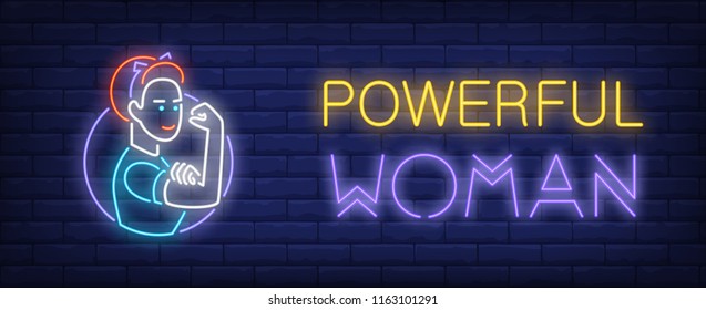 Powerful woman neon sign. Female character flexing bicep on brick wall background. Vector illustration in neon style for women club or feminism